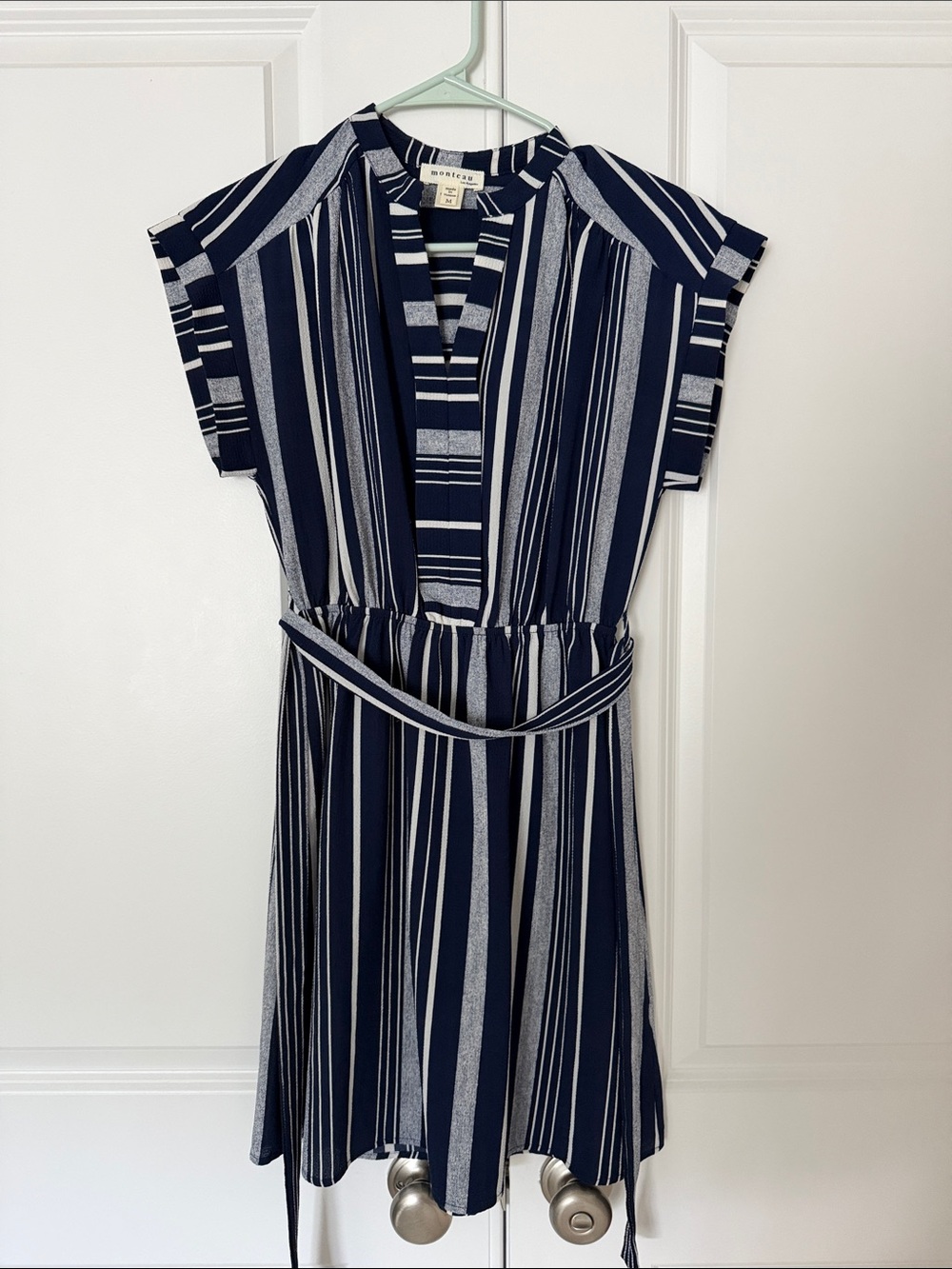Striped Navy and White Belted Midi Dress by monteau
